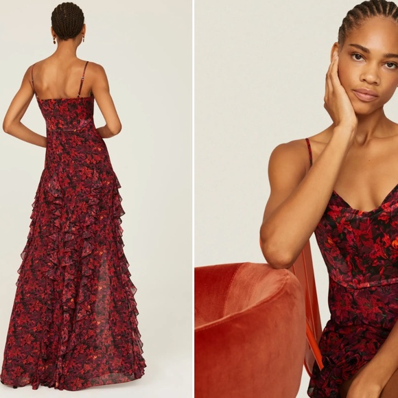 sz 2 Stargazer Lilies Glenda Gown dress Cinq à Sept Long Floral Printed Ruffle - Picture 2 of 5